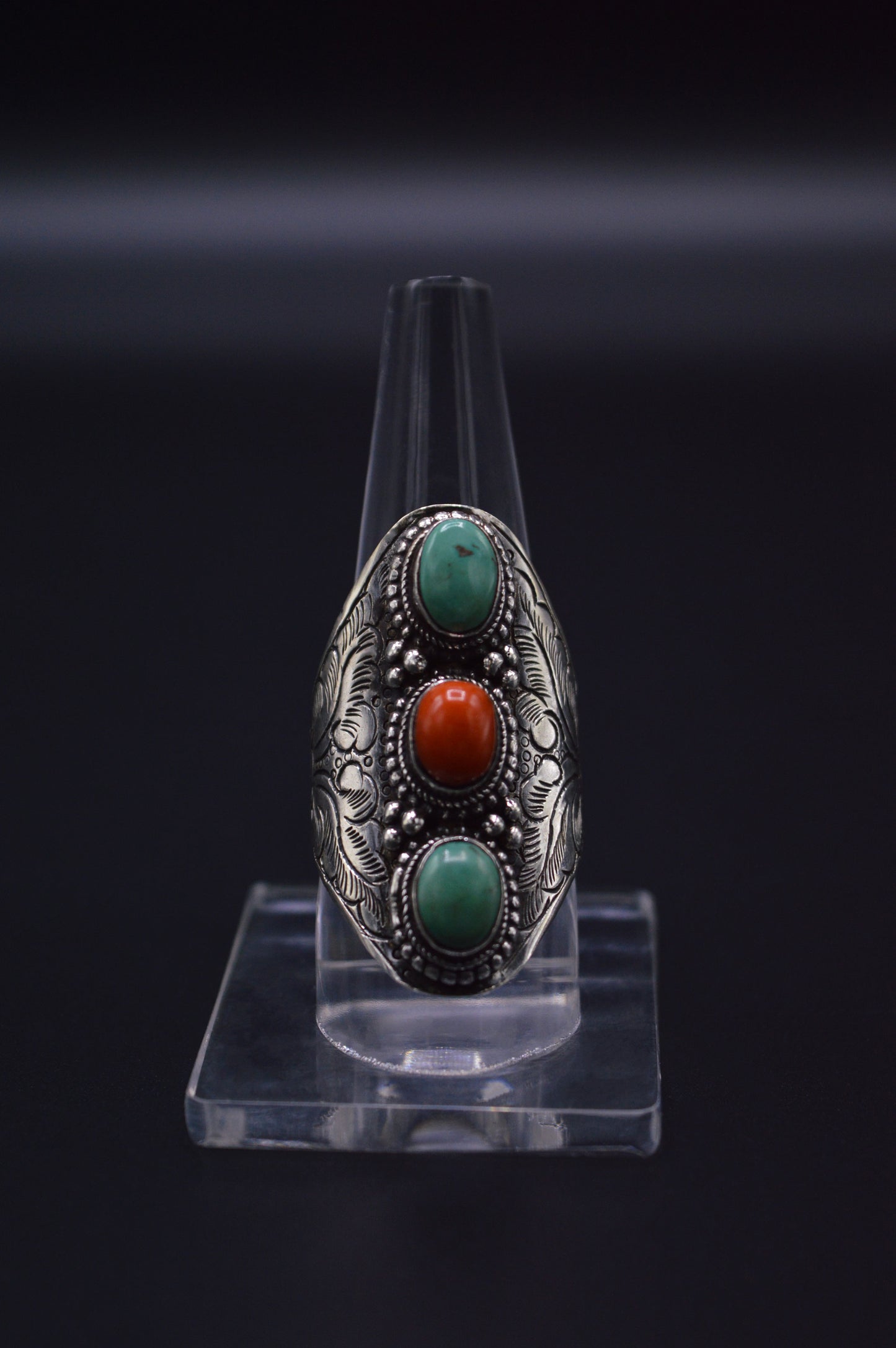 TURQUOISE & RED CORAL STONES STERLING HALF FINGER SILVER RING FOR WOMEN