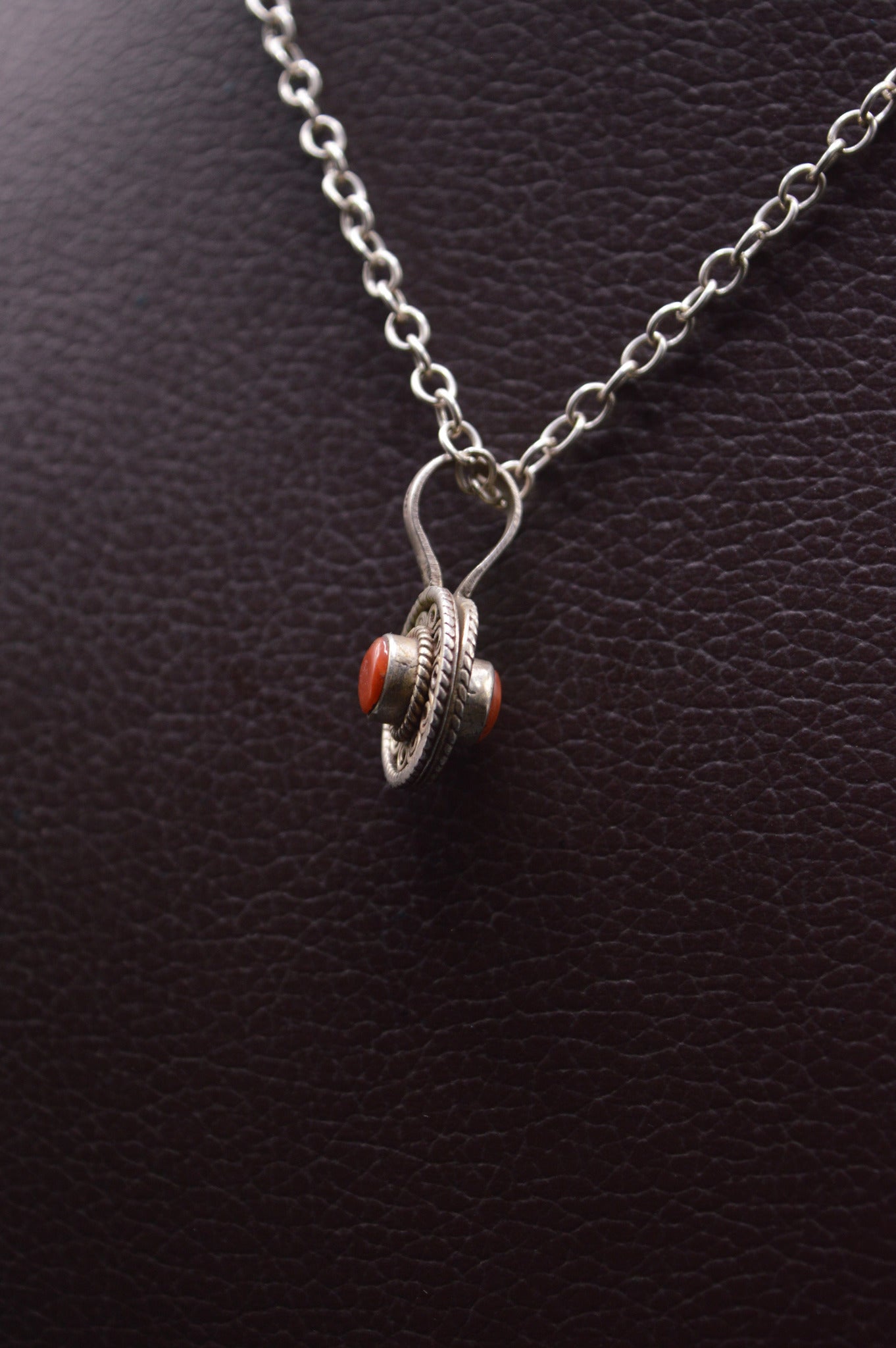 Red Coral Stone Silver Round Pendant Necklace For Women