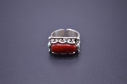 CYLINDRICAL RED CORAL & TURQUOISE STONE STERLING SILVER FINGER RING FOR WOMEN