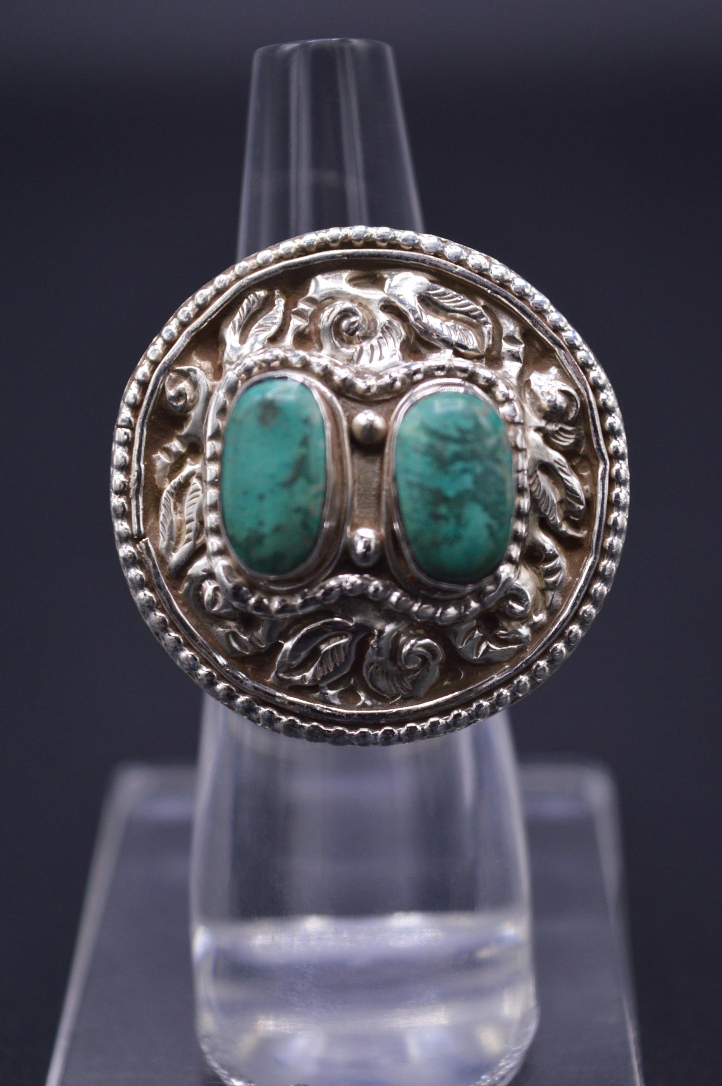 TWO STONE TURQUOISE STERLING SILVER ROUND FINGER RING FOR WOMEN