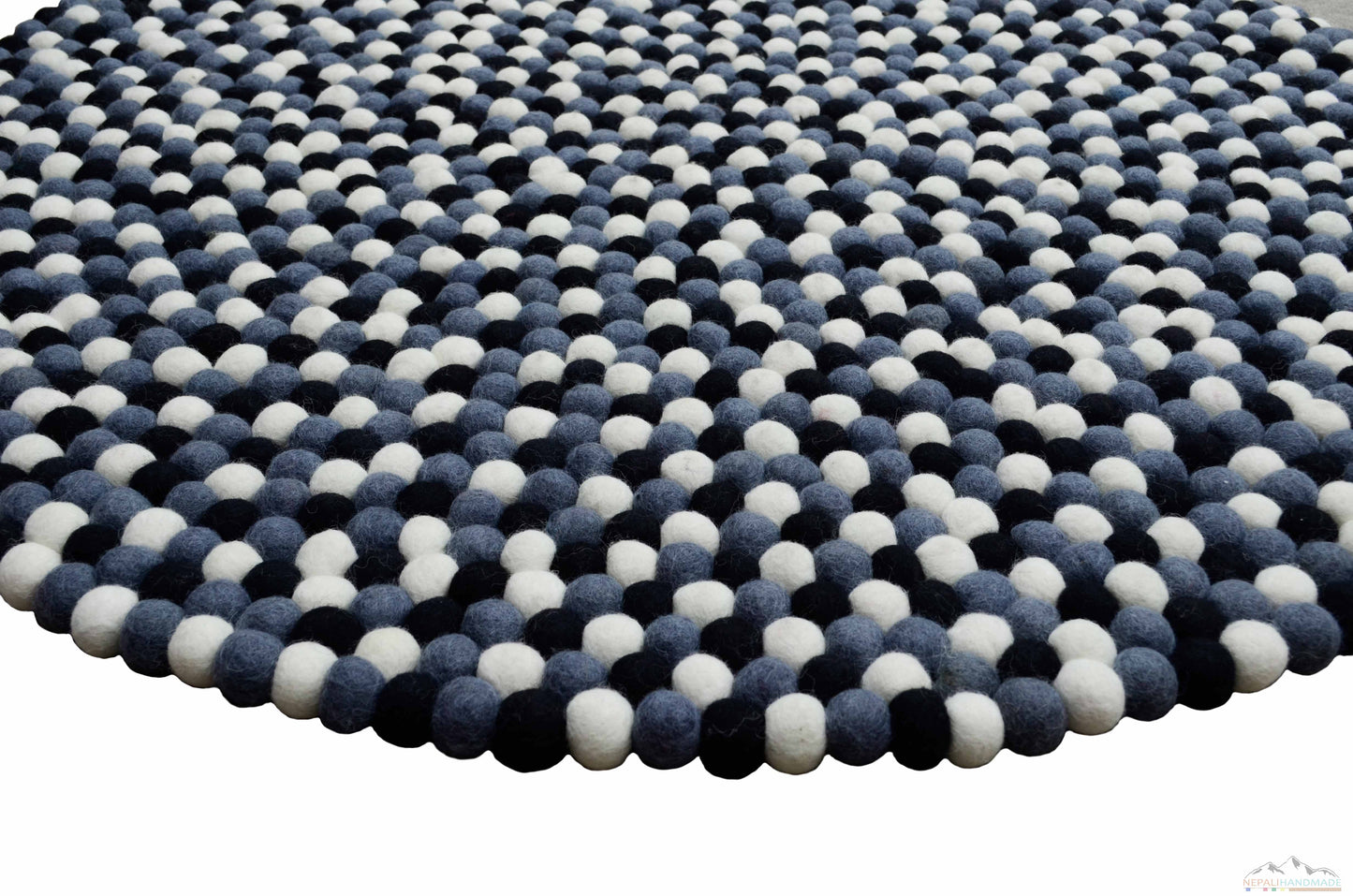 Round Cadet Blue, Black & White Felt Ball Rug