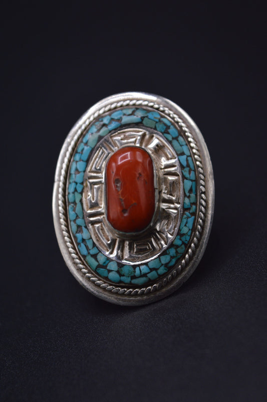 TURQUOISE ENCIRCLED RED CORAL STONES STERLING SILVER FINGER RING FOR WOMEN
