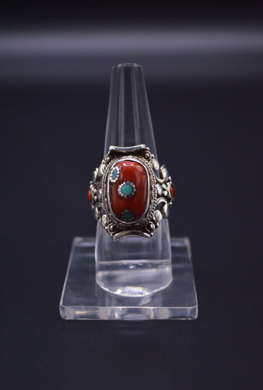 RED CORAL STONE STERLING SILVER OVAL FINGER RING FOR WOMEN