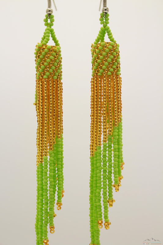 Pale Green & Golden Glass Beads Tube Chandelier Earring