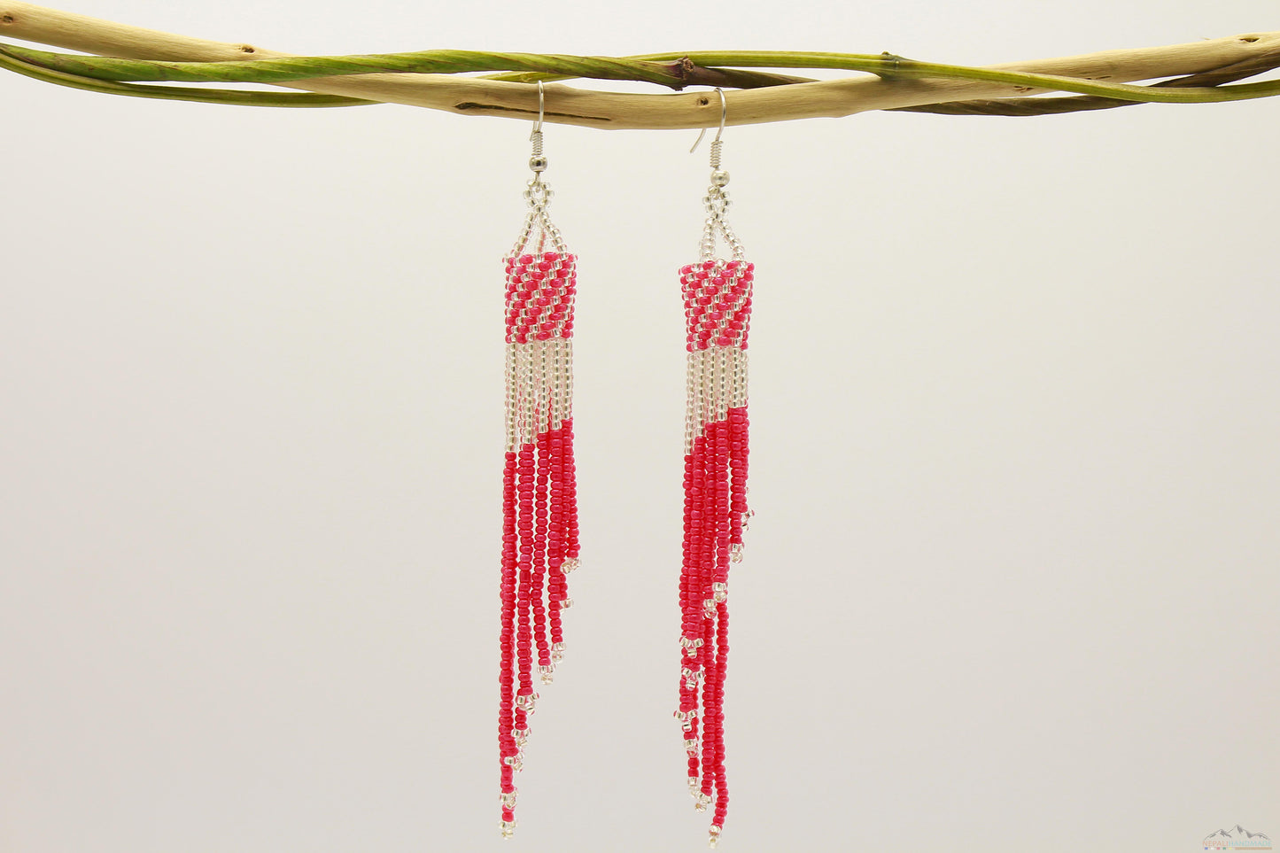 Deep Pink & Silver Glass Beads Tube Chandelier Earring