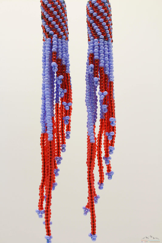 Light Steel Blue & Red Glass Beads Tube Chandelier Earring