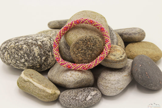 Diamond Design Pink, Yellow & Orange Glass Beads Roll On Bracelet