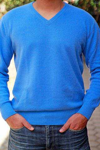 Men's Cornflower-Blue Cashmere V-Neck Pullover Sweater