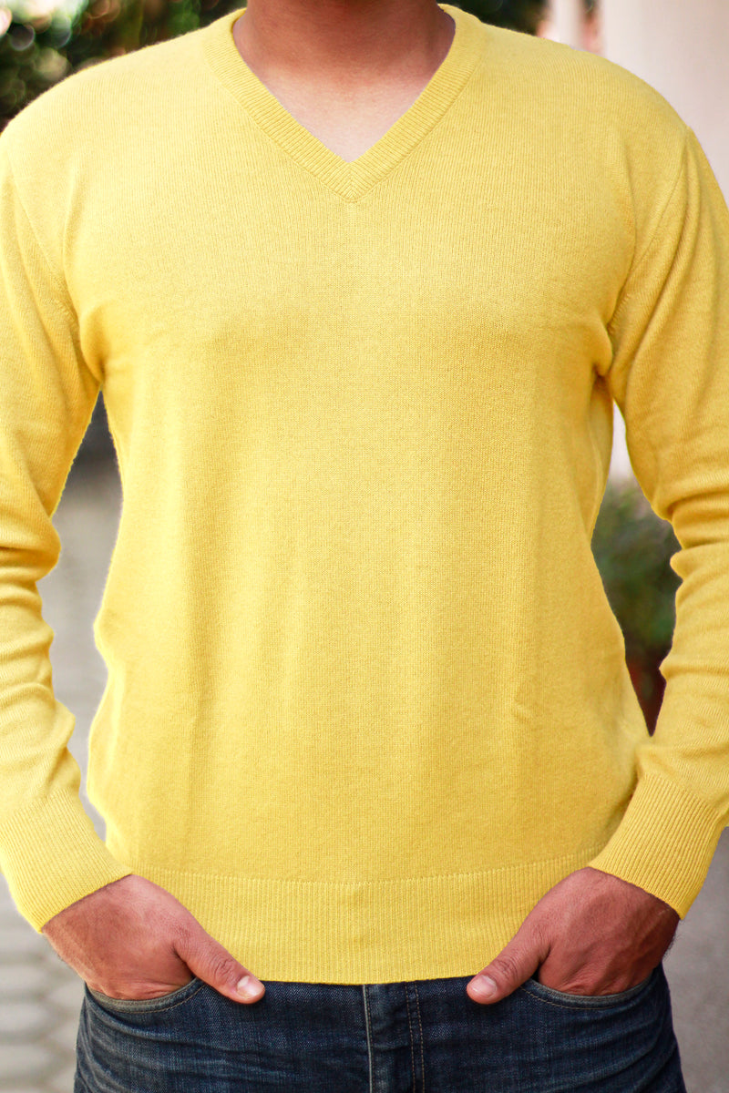 Men s Yellow Cashmere Sweater V Neck Pullover Nepali Handmade Store