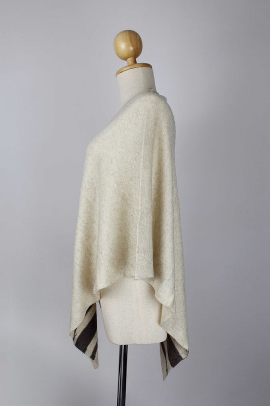 100% Cashmere Bottom Striped Off White Women's Poncho