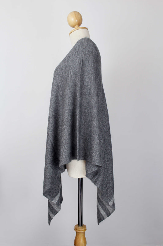 100% Cashmere Bottom Striped Dark Gray Women's Poncho