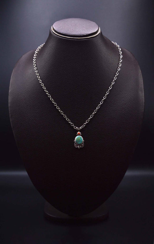 Red Coral & Turquoise Gemstones Silver Pendant Necklace For Women