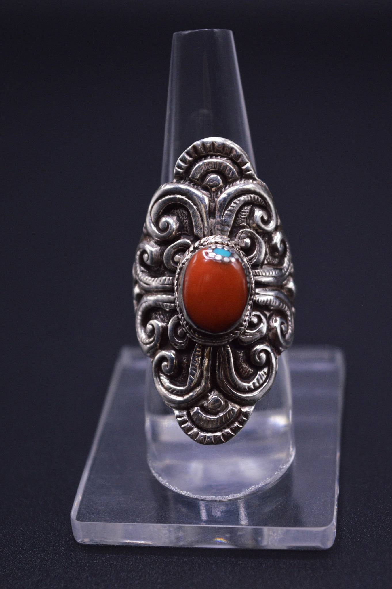 RED CORAL & MOON TURQUOISE STONE STERLING SILVER FINGER RING FOR WOMEN