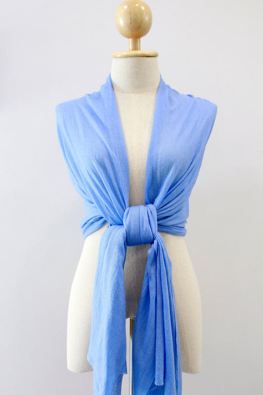 Sky Blue cashmere scarf styled as a body wrap on a mannequin.