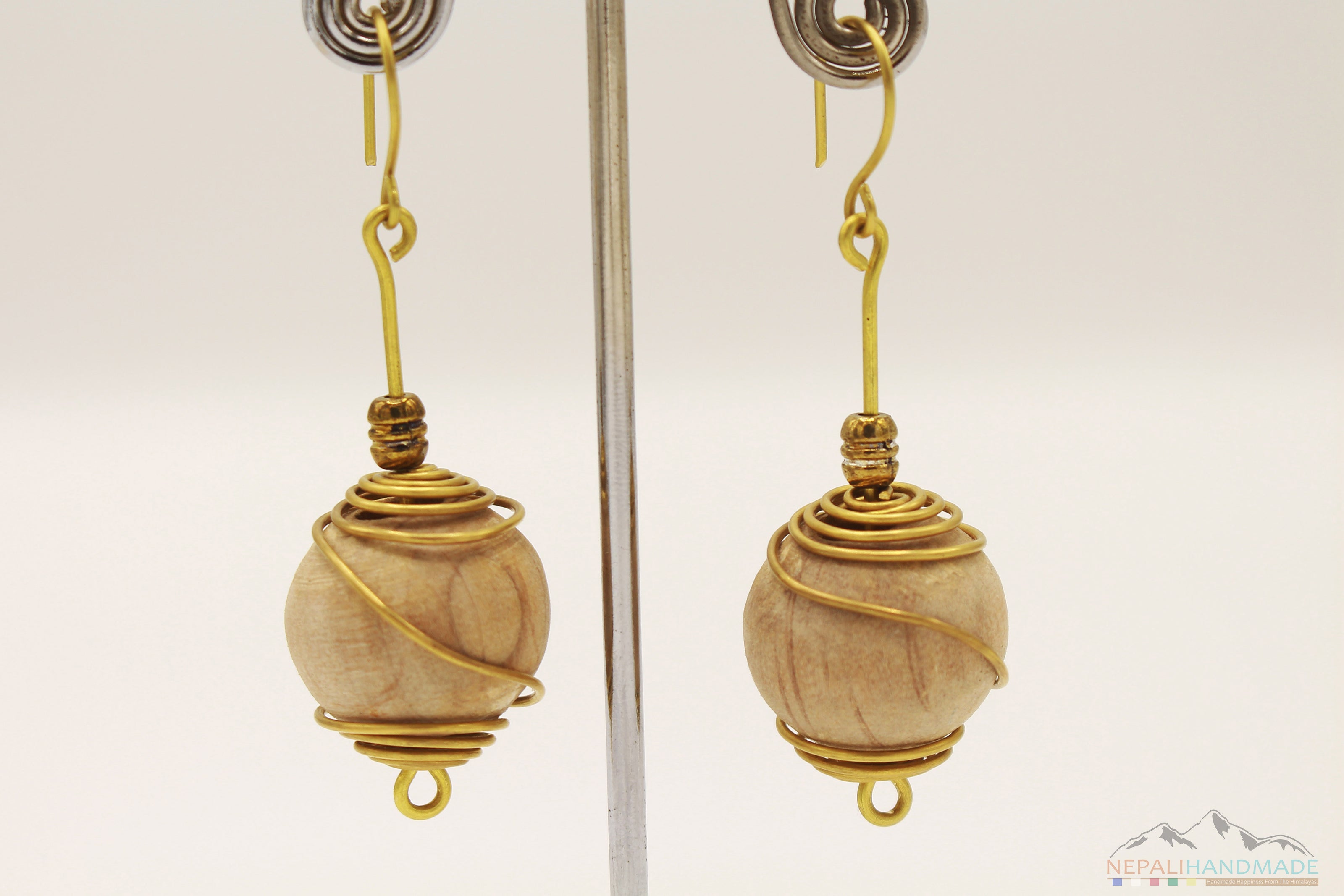 BRASS WIRE WRAPPED WOODEN BALLS DANGLE EARRING