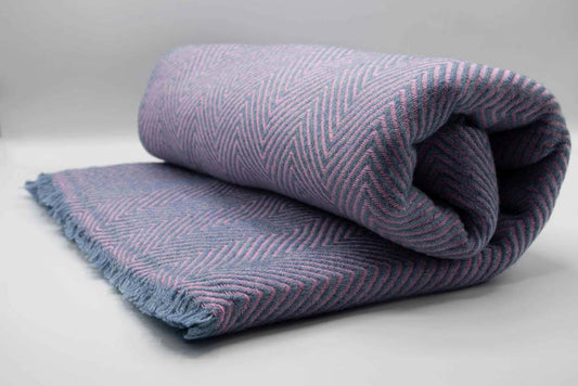 100% Cashmere Couch Throw Blanket, Handmade by Nepali Women, Chevron Pattern, Soft & Warm, 125cm X 250cm Size, versatile for all seasons, Hypoallergenic, Sustainable, Empowers Underprivileged Women, luxurious softness & warmth, Pink and steel blue