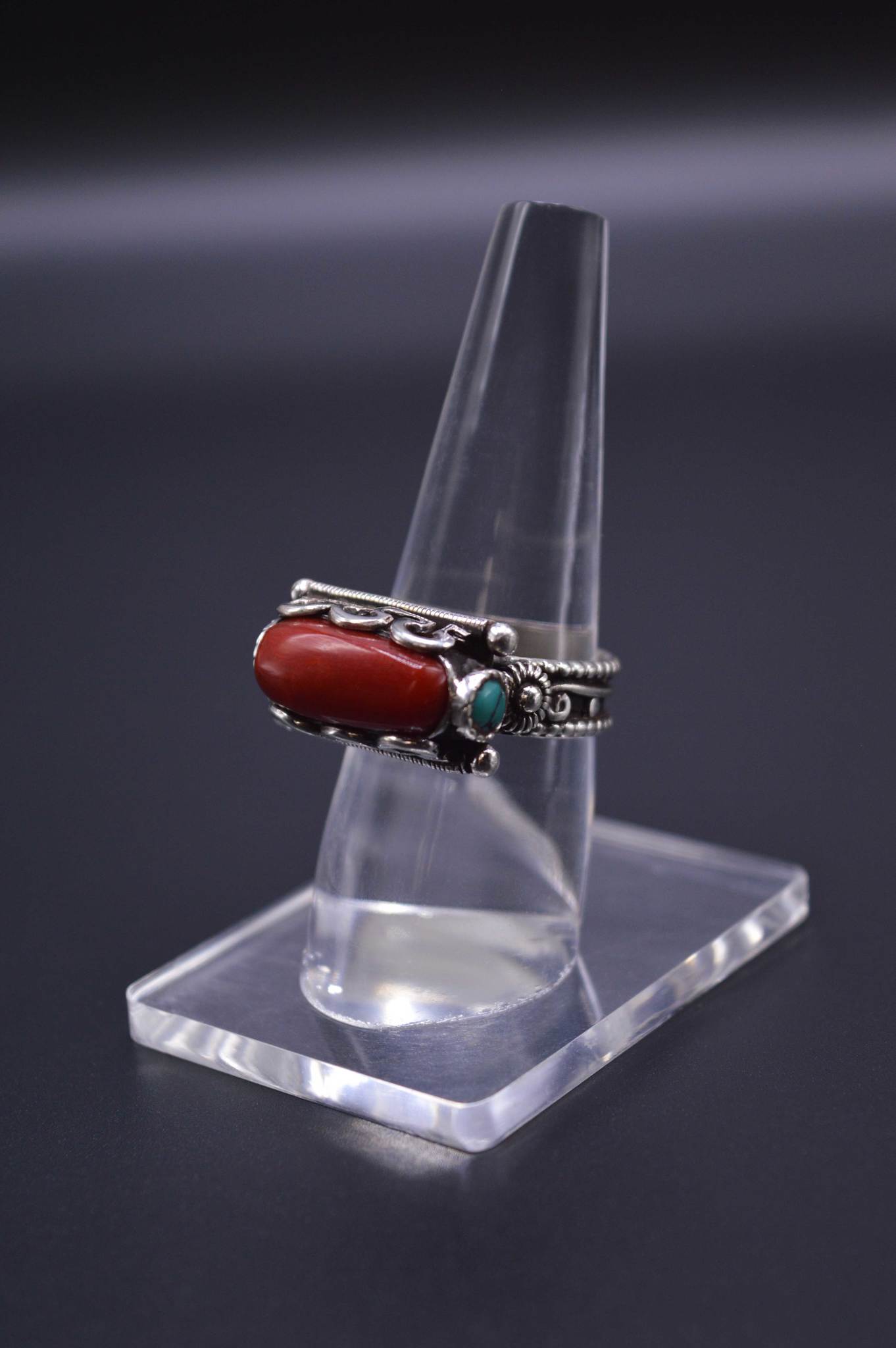 CYLINDRICAL RED CORAL & TURQUOISE STONE STERLING SILVER FINGER RING FOR WOMEN