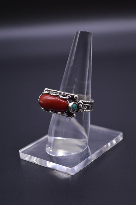 CYLINDRICAL RED CORAL & TURQUOISE STONE STERLING SILVER FINGER RING FOR WOMEN