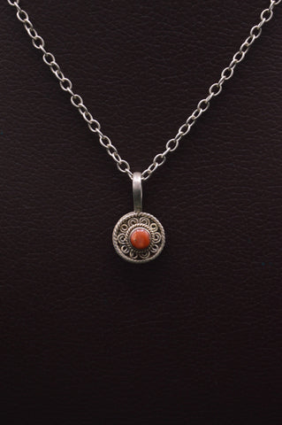 Red Coral Stone Silver Round Pendant Necklace For Women