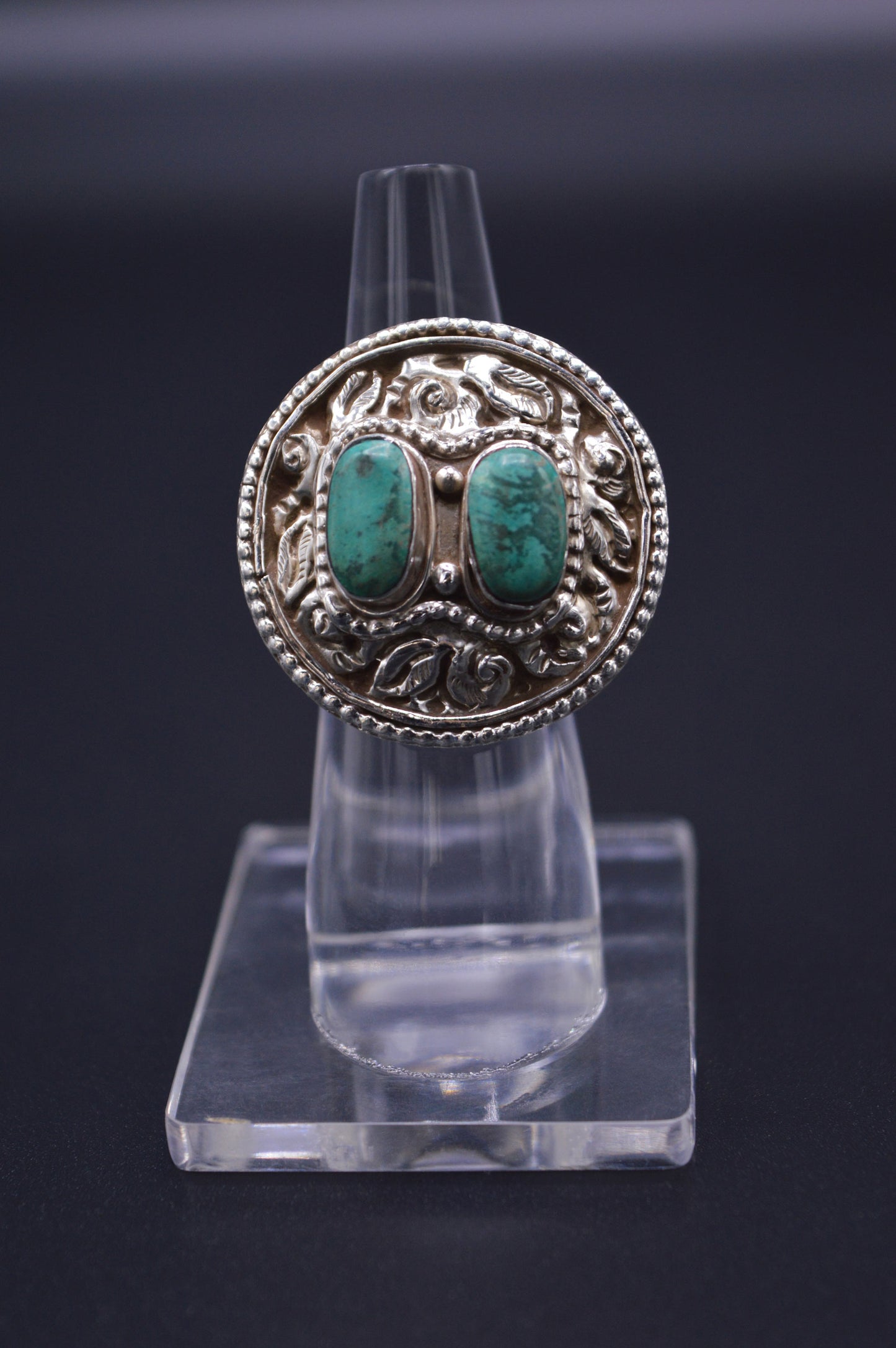 TWO STONE TURQUOISE STERLING SILVER ROUND FINGER RING FOR WOMEN