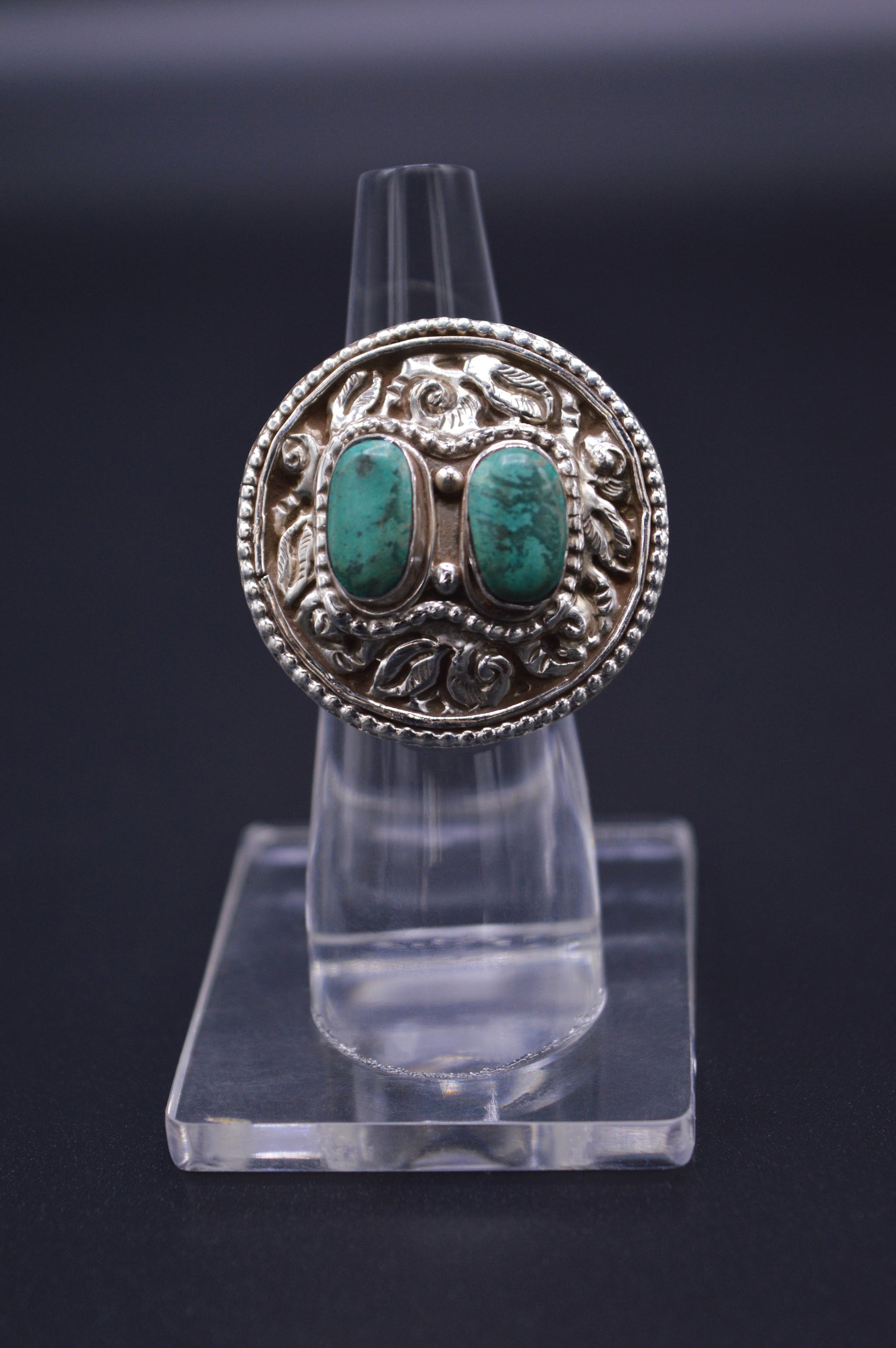 TWO STONE TURQUOISE STERLING SILVER ROUND FINGER RING FOR WOMEN