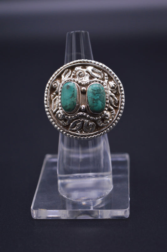 TWO STONE TURQUOISE STERLING SILVER ROUND FINGER RING FOR WOMEN