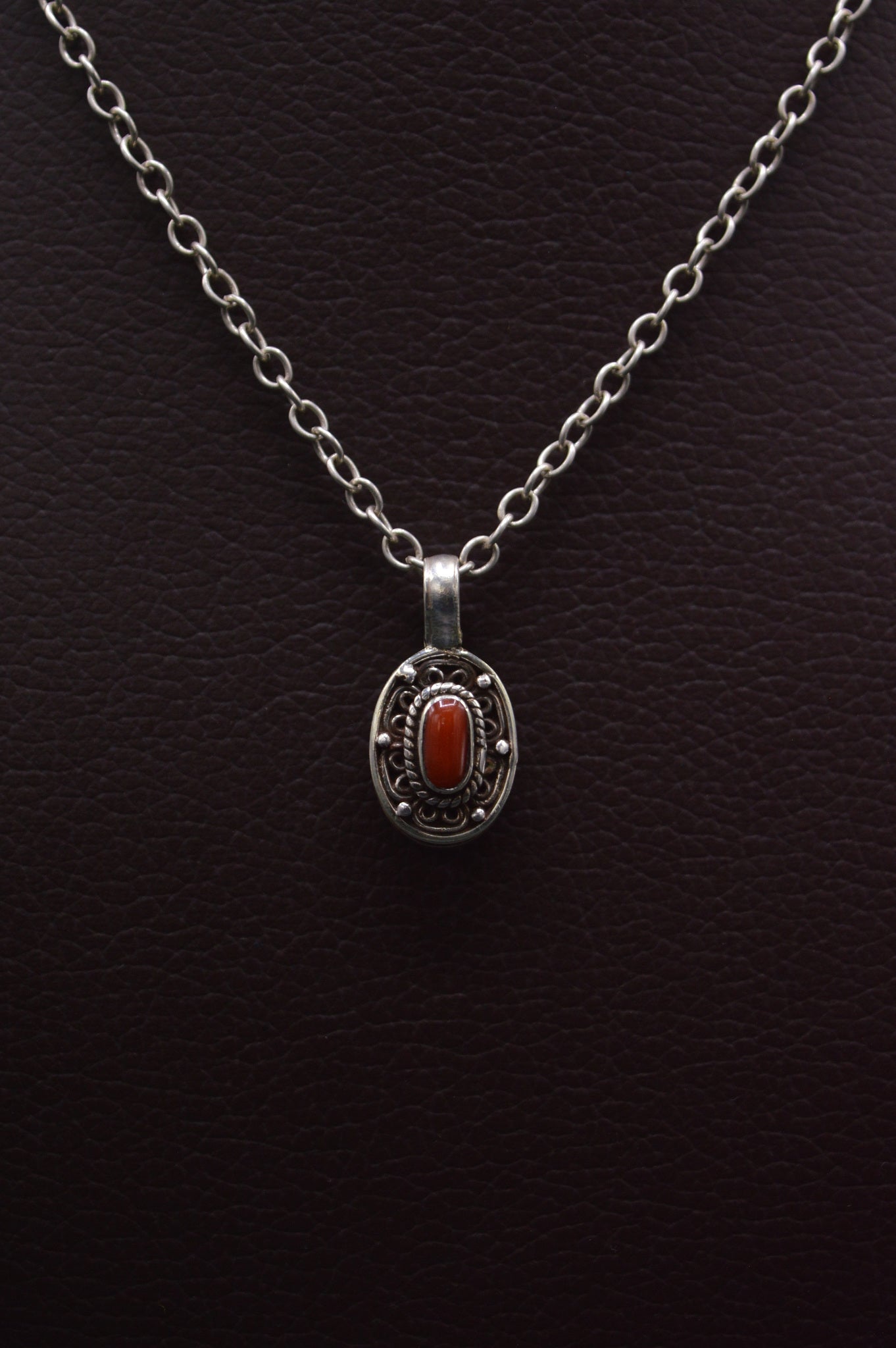 Red Coral Stone Silver Oval Pendant Necklace For Women