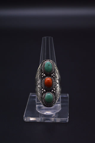 TURQUOISE & RED CORAL STONES STERLING HALF FINGER SILVER RING FOR WOMEN