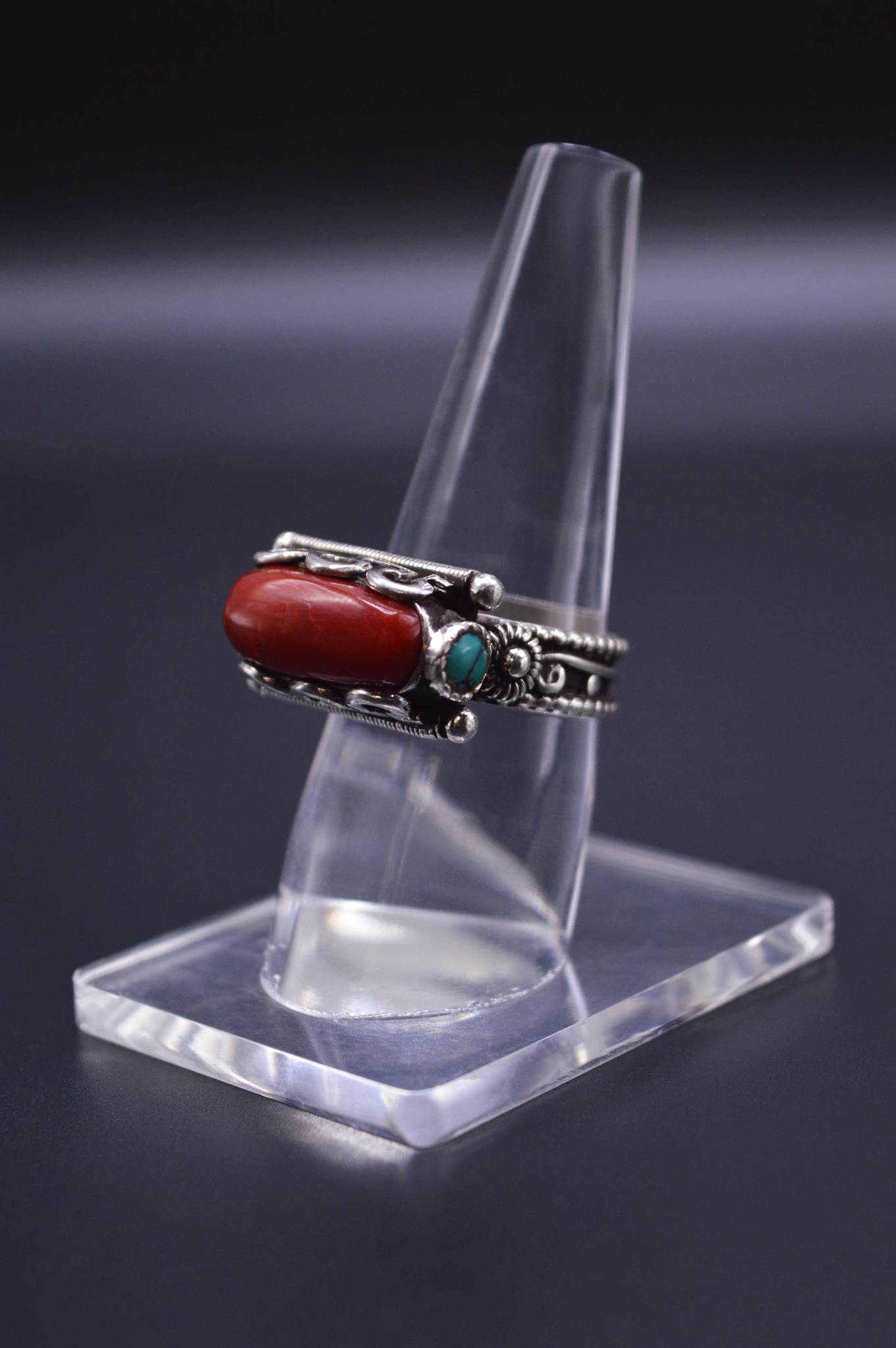 CYLINDRICAL RED CORAL & TURQUOISE STONE STERLING SILVER FINGER RING FOR WOMEN