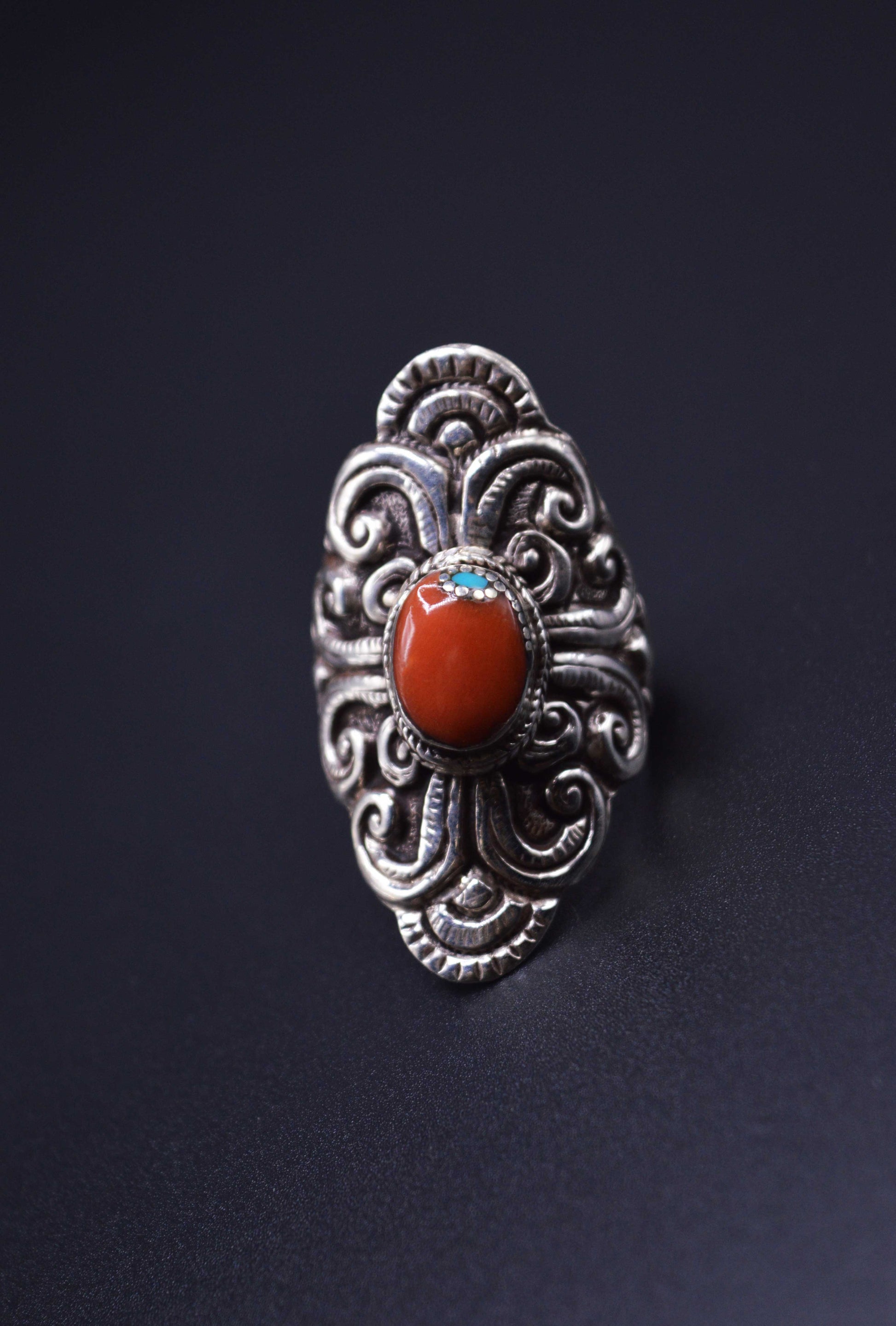 RED CORAL & MOON TURQUOISE STONE STERLING SILVER FINGER RING FOR WOMEN