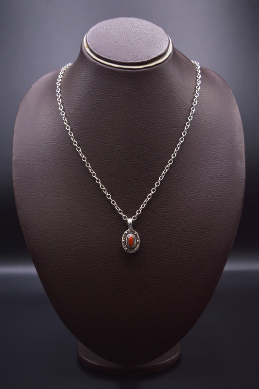 Red Coral Stone Silver Oval Pendant Necklace For Women