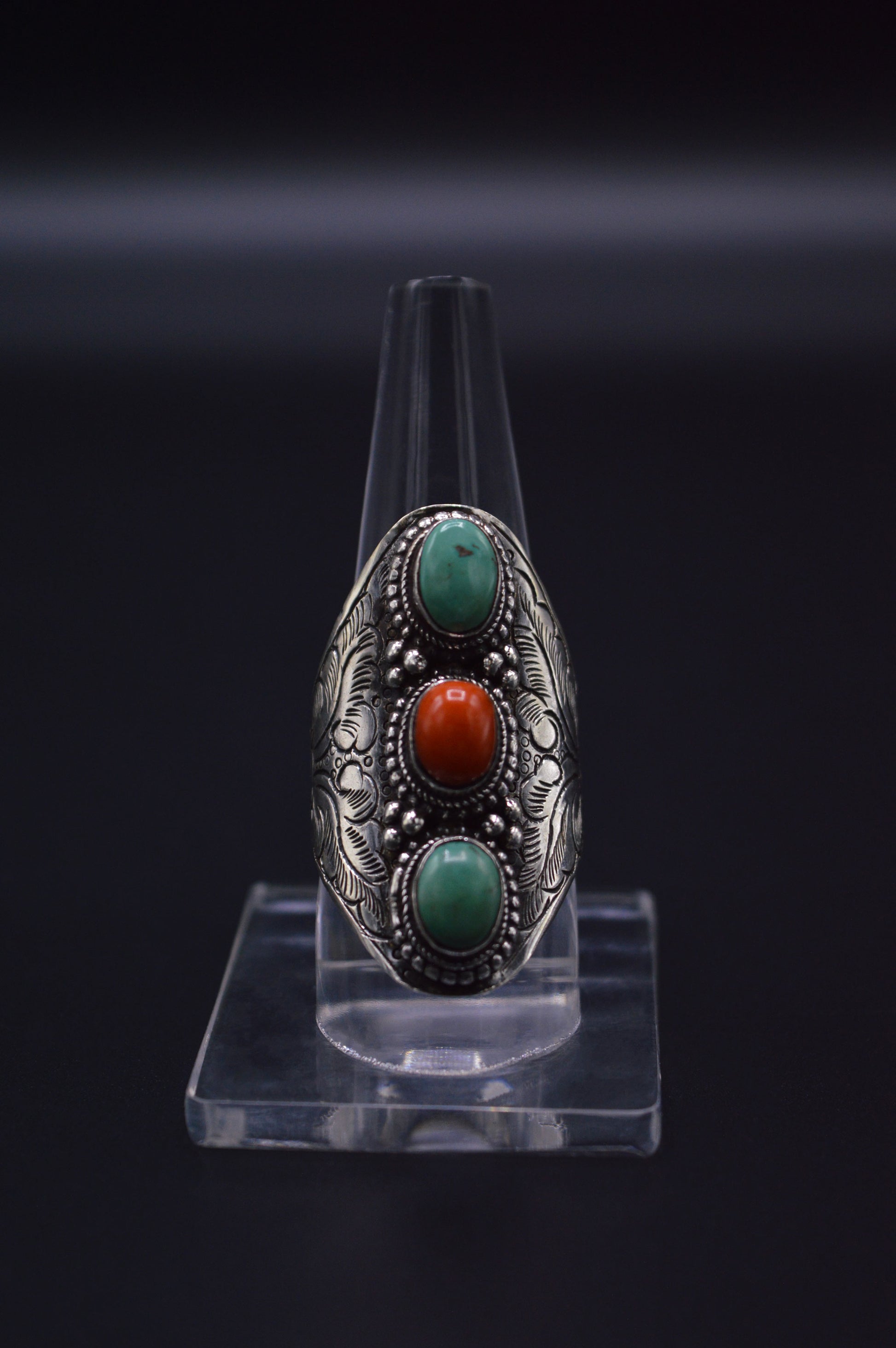 TURQUOISE & RED CORAL STONES STERLING HALF FINGER SILVER RING FOR WOMEN