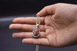 Red Coral Stone Silver Oval Pendant Necklace For Women