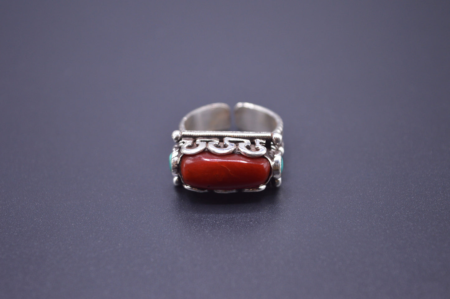 CYLINDRICAL RED CORAL & TURQUOISE STONE STERLING SILVER FINGER RING FOR WOMEN