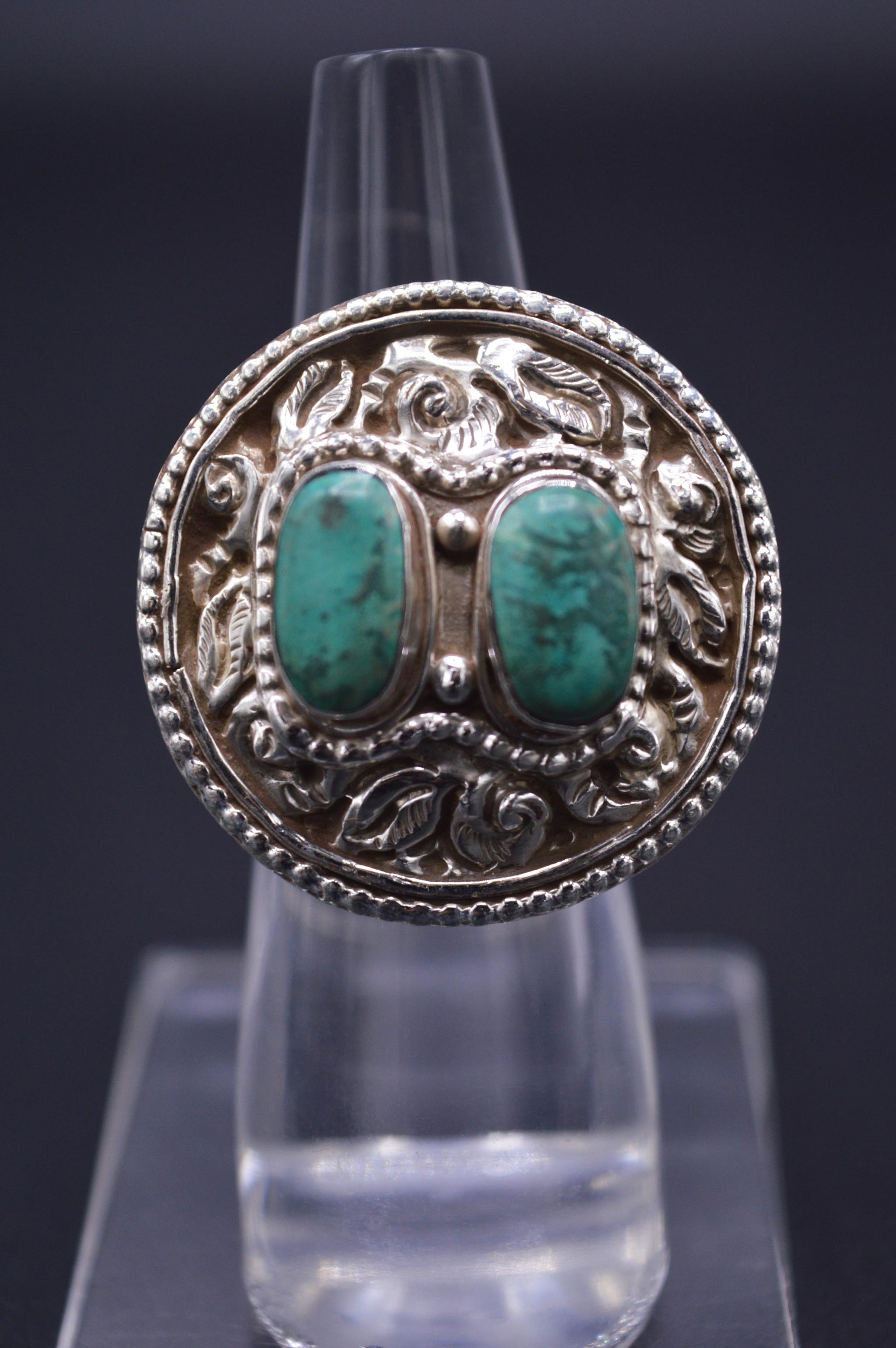 TWO STONE TURQUOISE STERLING SILVER ROUND FINGER RING FOR WOMEN