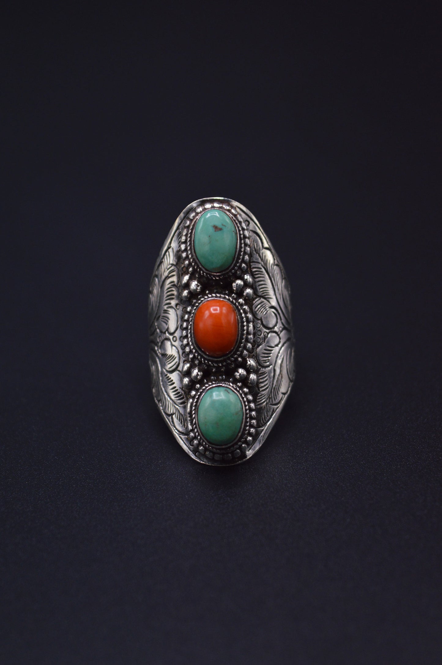 TURQUOISE & RED CORAL STONES STERLING HALF FINGER SILVER RING FOR WOMEN