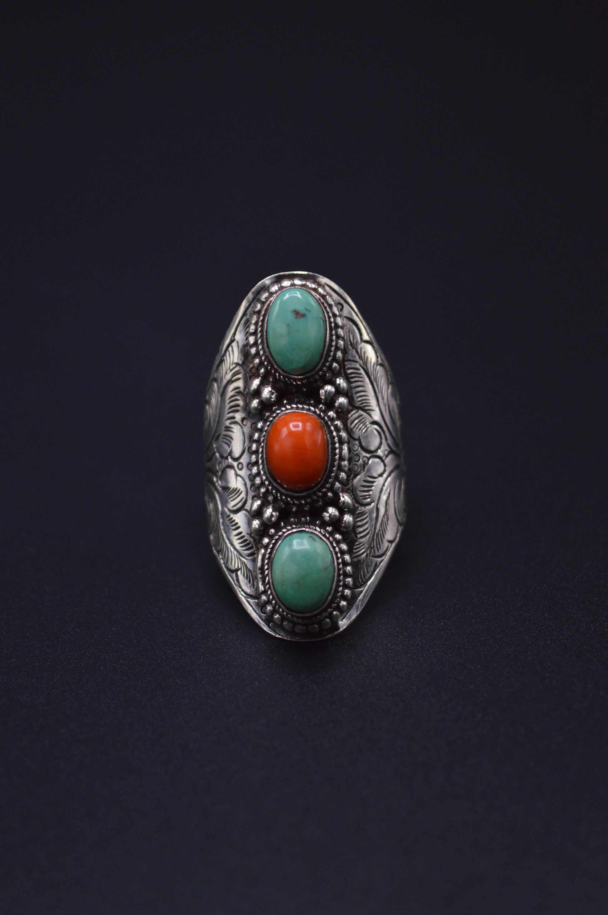 TURQUOISE & RED CORAL STONES STERLING HALF FINGER SILVER RING FOR WOMEN