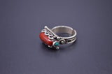 CYLINDRICAL RED CORAL & TURQUOISE STONE STERLING SILVER FINGER RING FOR WOMEN