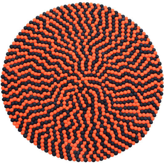 Round Black And Orange Wool Felt Ball Rug