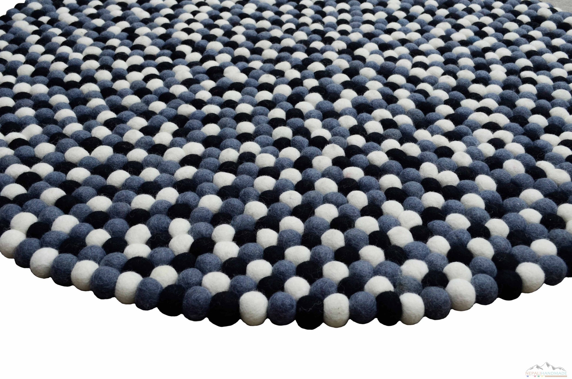 Round Cadet Blue, Black & White Felt Ball Rug