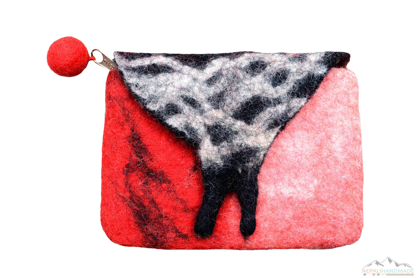 BLACK PATTERNED FRONT FLAP FELT HAND PURSE/COIN PURSE