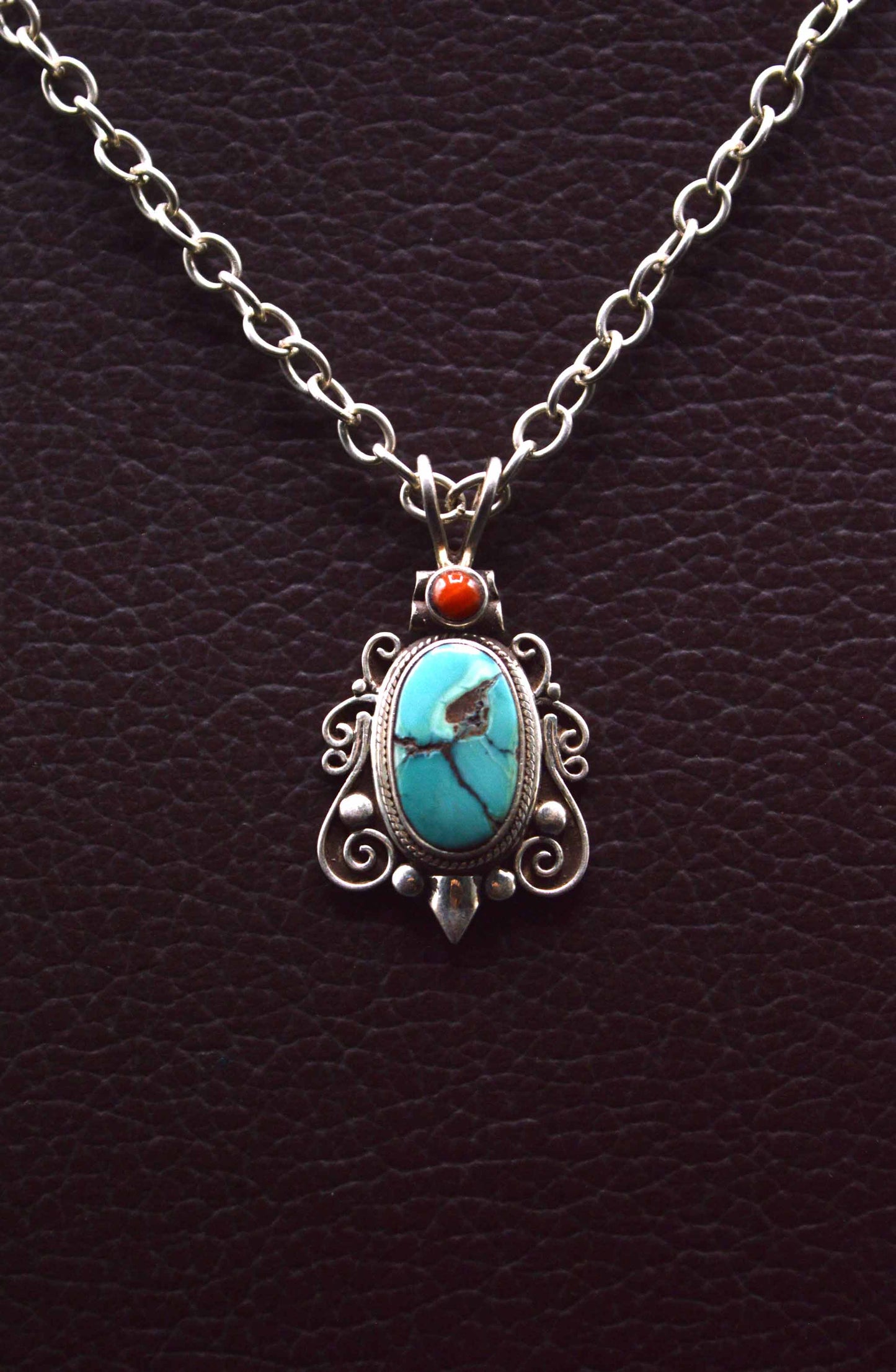 Red Coral & Turquoise Gemstones Silver Pendant Necklace For Women