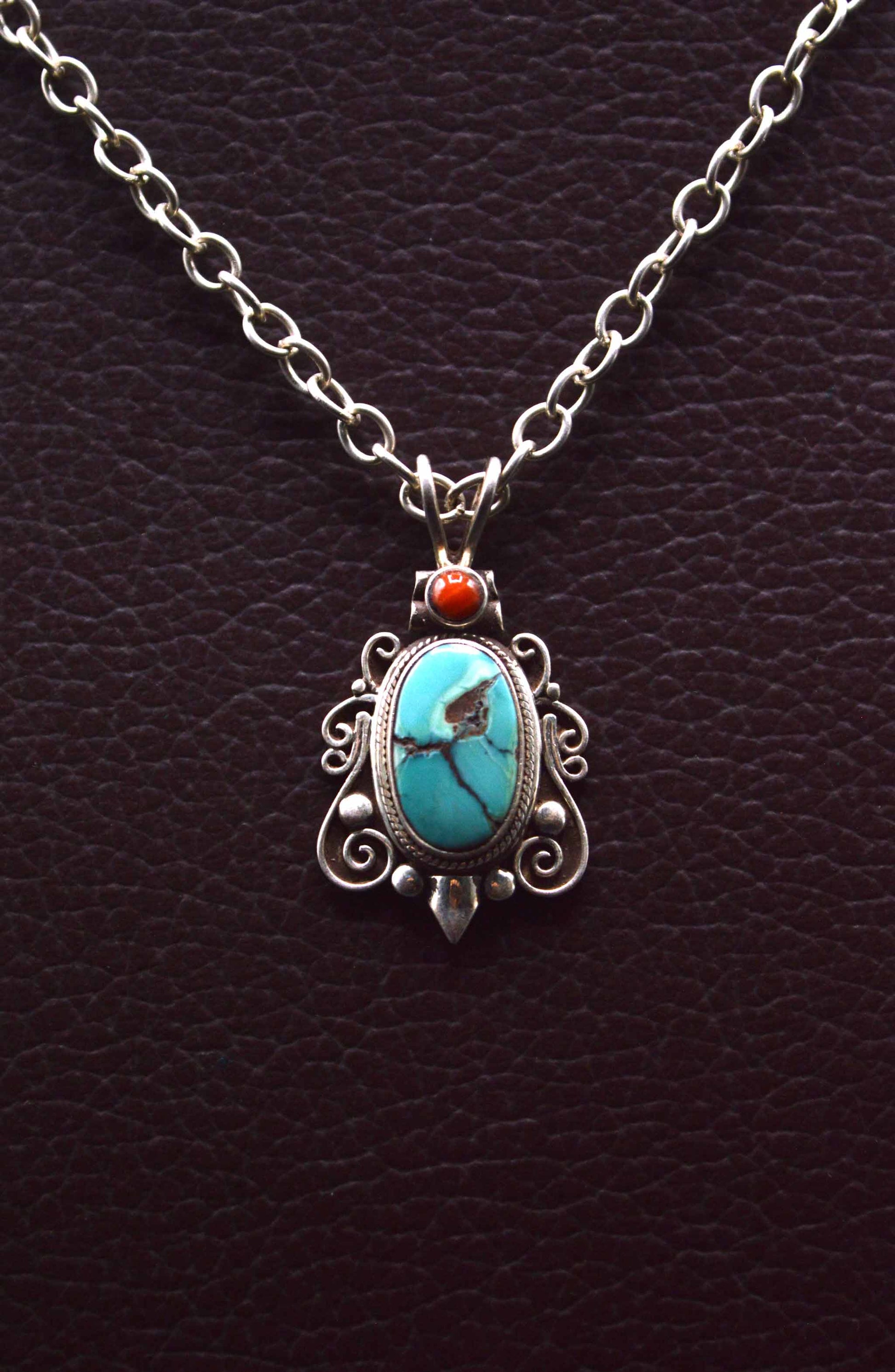 Red Coral & Turquoise Gemstones Silver Pendant Necklace For Women