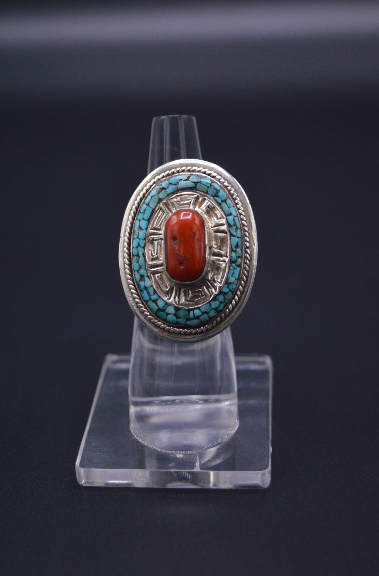 TURQUOISE ENCIRCLED RED CORAL STONES STERLING SILVER FINGER RING FOR WOMEN
