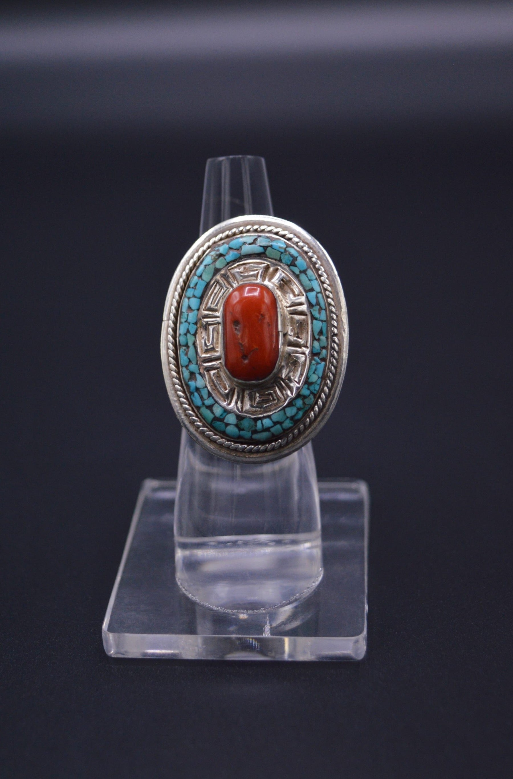 TURQUOISE ENCIRCLED RED CORAL STONES STERLING SILVER FINGER RING FOR WOMEN