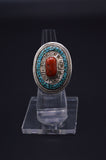 TURQUOISE ENCIRCLED RED CORAL STONES STERLING SILVER FINGER RING FOR WOMEN