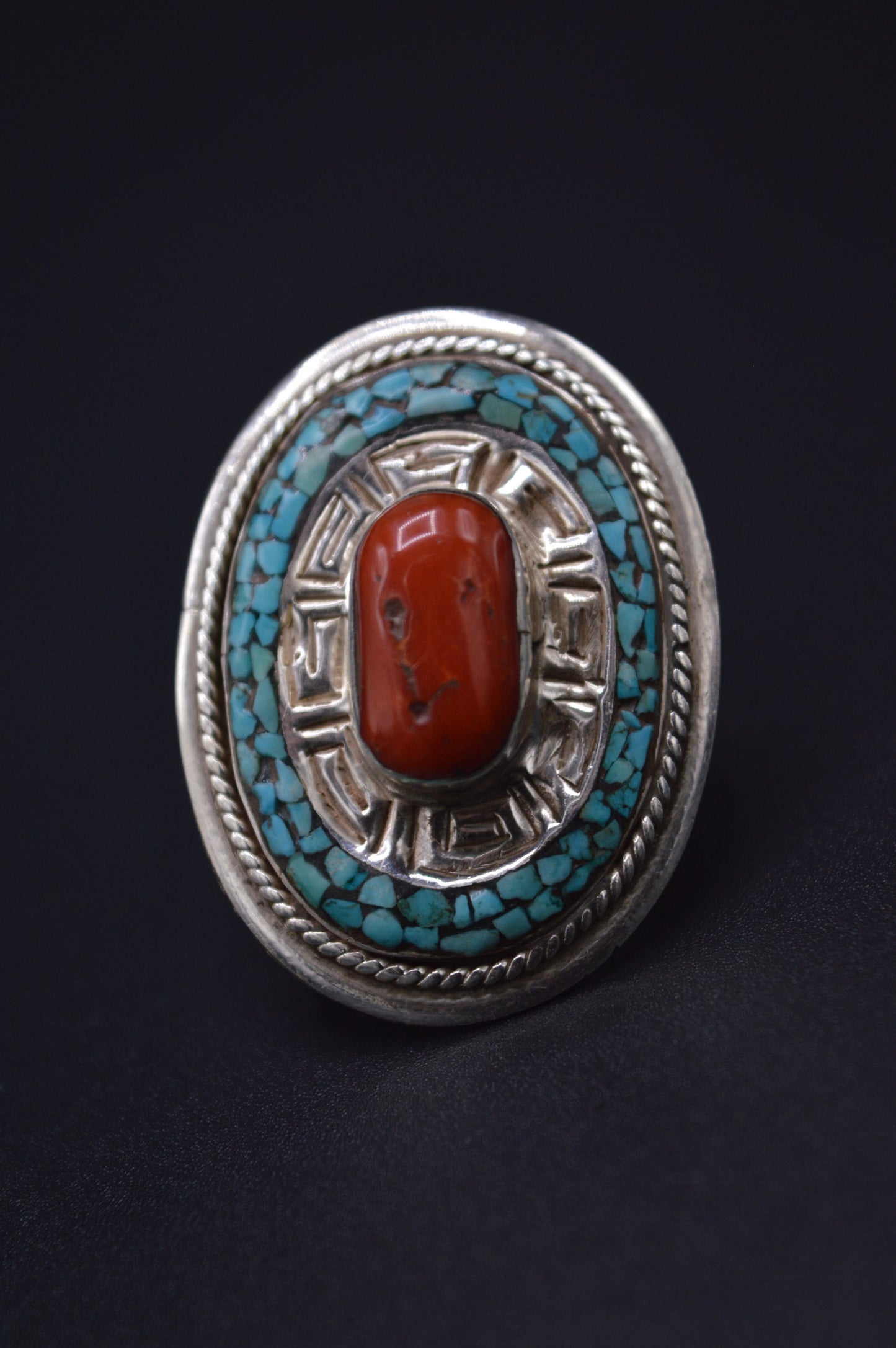 TURQUOISE ENCIRCLED RED CORAL STONES STERLING SILVER FINGER RING FOR WOMEN