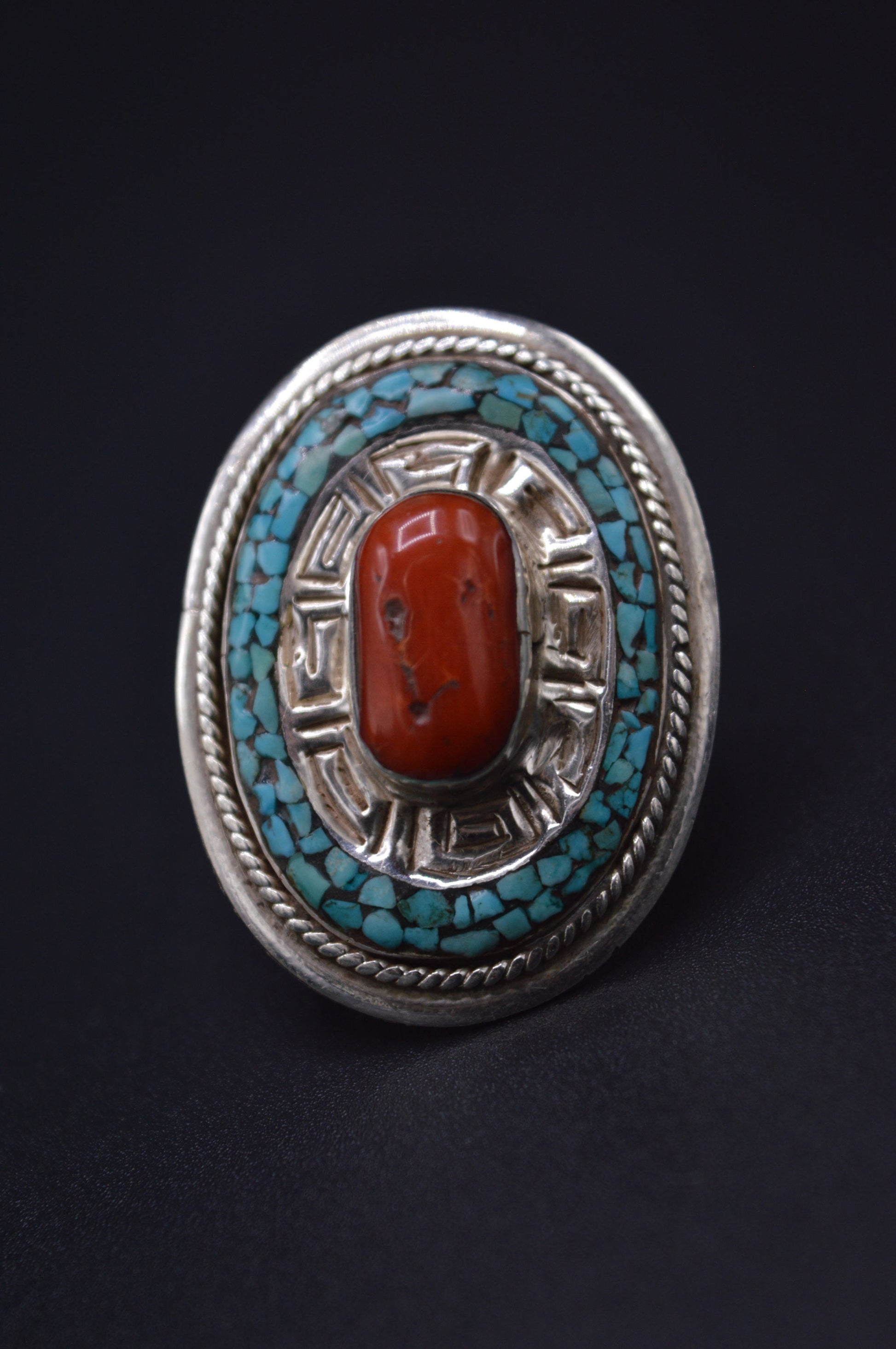 TURQUOISE ENCIRCLED RED CORAL STONES STERLING SILVER FINGER RING FOR WOMEN