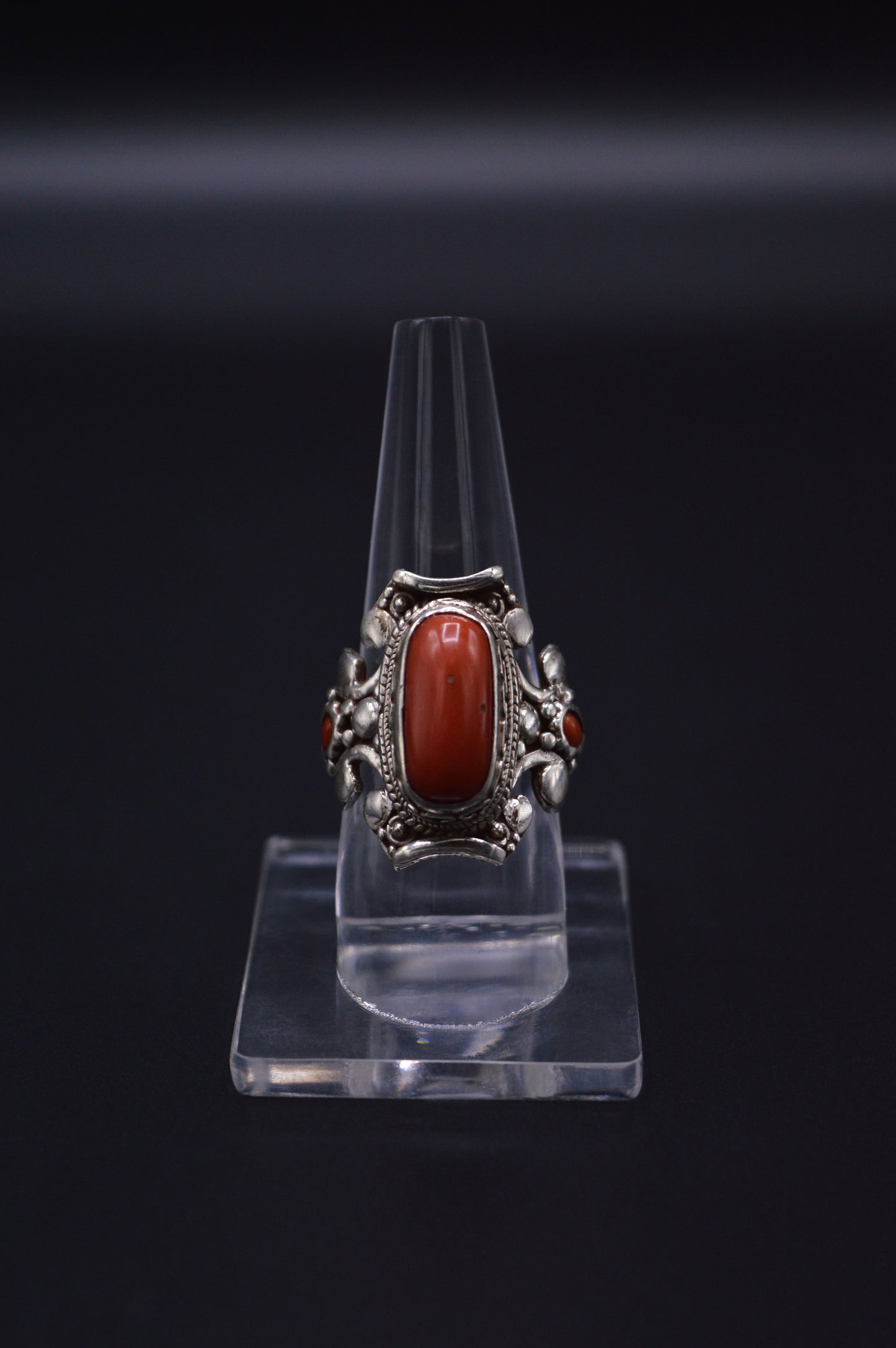 RED CORAL STONE STERLING SILVER OVAL FINGER RING FOR WOMEN
