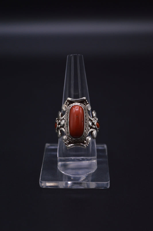 RED CORAL STONE STERLING SILVER OVAL FINGER RING FOR WOMEN